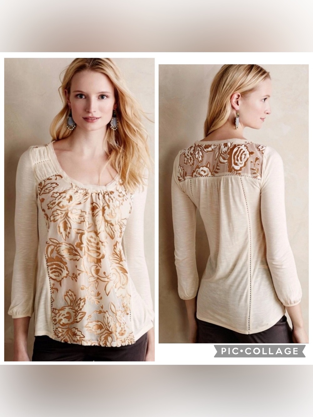 Anthropologie Meadow Rue Mariana Burnout Velvet Floral Top Cream Gold Size S